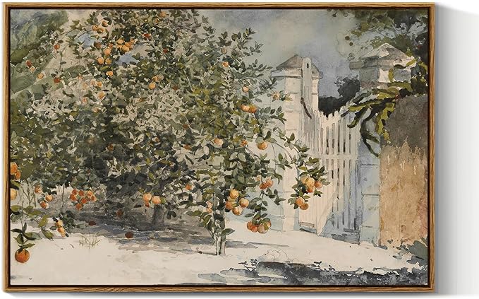 VIYYIEA Vintage Plant Large Framed Wall Art, Orange Trees and Gate Painting Decor Aesthetic, 20x30 Inch Canvas Print Artwork, Farmhouse Still Life Wall Pictures for Bedroom Living Room