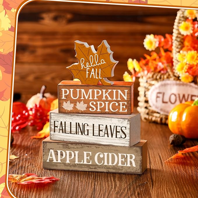 4 Pcs Fall Decor Wooden Maple Leaf Decoration Fall Tiered Tray Decor Rustic Wooden Maple Leaf Block Sign Gift Thanksgiving Table Centerpiece Farmhouse for Autumn Harvest Party Home Kitchen