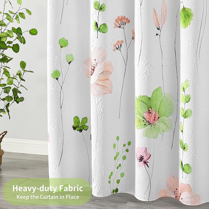 QiyI Watercolor Floral Shower Curtain, 3D Embossed Butterflies Green Pink Flower Bathroom Curtain, Minimalist White Cloth Bath Curtain, Waterproof Fabric Textured Shower Curtain Set with Hooks, 72x72