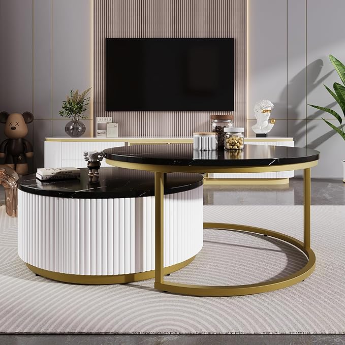 27.6" Modern Round Nesting Coffee Table Fluted with Drawer for Living Room in Black & Gold