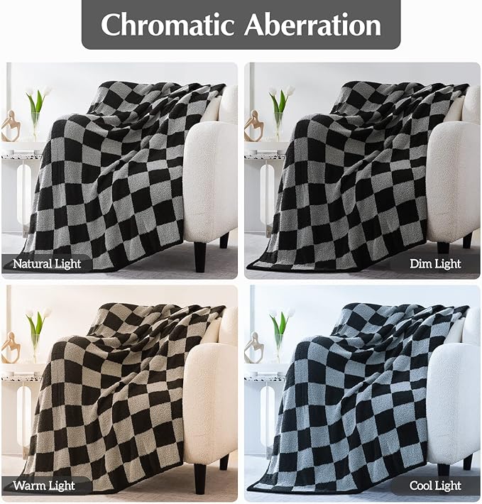WRENSONGE Checkered Throw Blanket, Black Grey Checkered Soft Cozy Fluffy Warm Hand Made Throw Blankets for Couch, Sofa, Chair, Bed, Picnic,Travel Lightweight Bed Blankets for Men