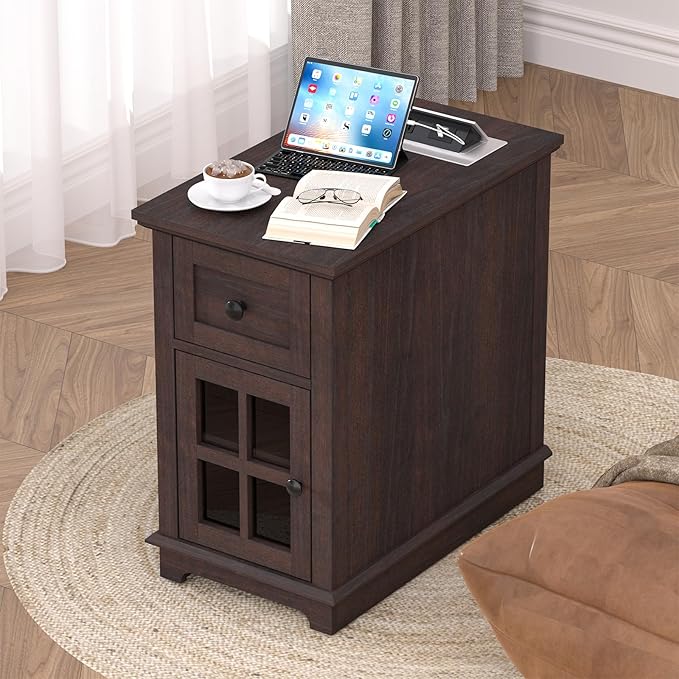 HIFYOBRO Narrow End Table with Flip Top Charging Station Set of 2, Storage Side Table with Drawer and Cabinet, Type-C & USB Port & Power outlets, Wooden Storage Cabinet for Bedroom/Living Room