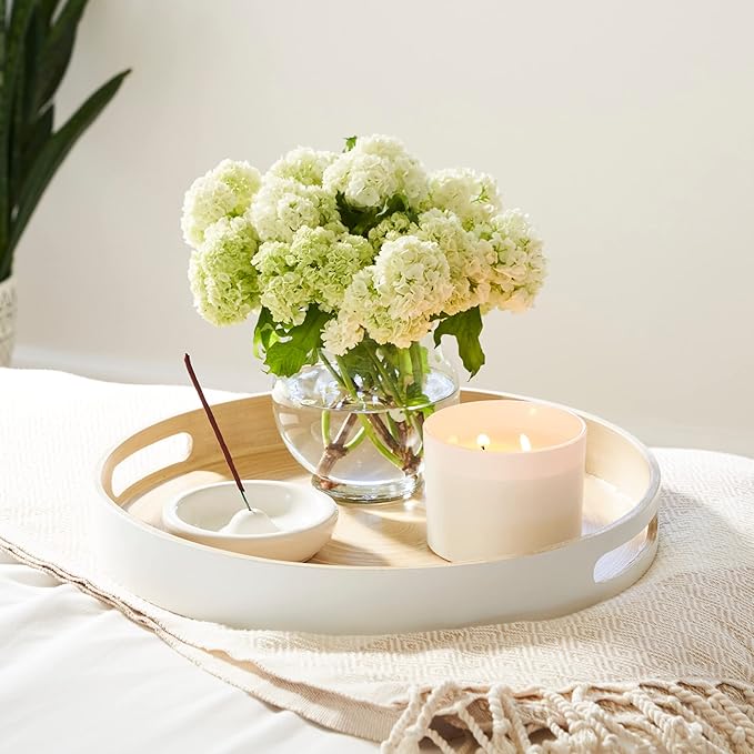 Spun Bamboo Round Decorative Tray, 13.75 Inches, White