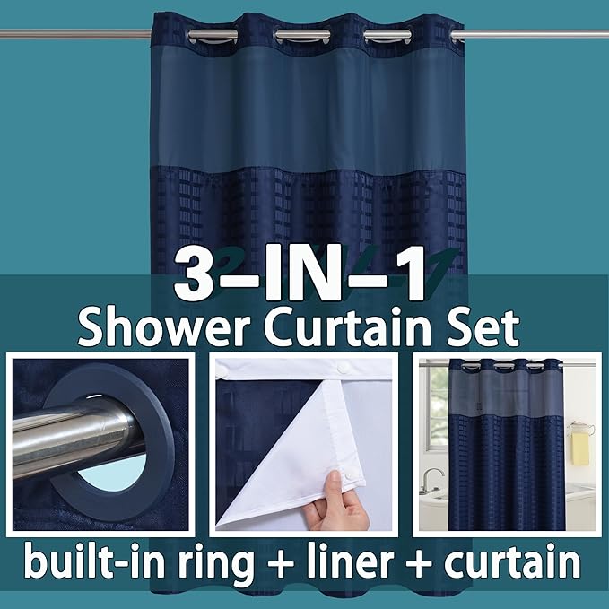 Conbo Mio Stall No Hook Shower Curtain with Snap in Liner Set, Hotel Luxury Navy Blue Shower Curtains for Bathroom with See Through Top Window, Waterproof, Washable 54W x 74H