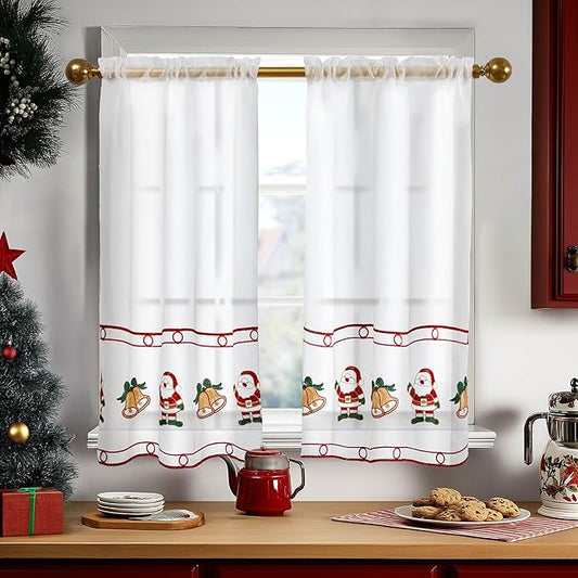 Deconovo Christmas Kitchen Tier Curtains, Embroidered Cafe Tiers, Semi Sheer Window Treatment with Rod Pocket, Light Filtering for Small Windows, Door & Sink Areas, 28W x 36L, Santa Claus, 2 Panels