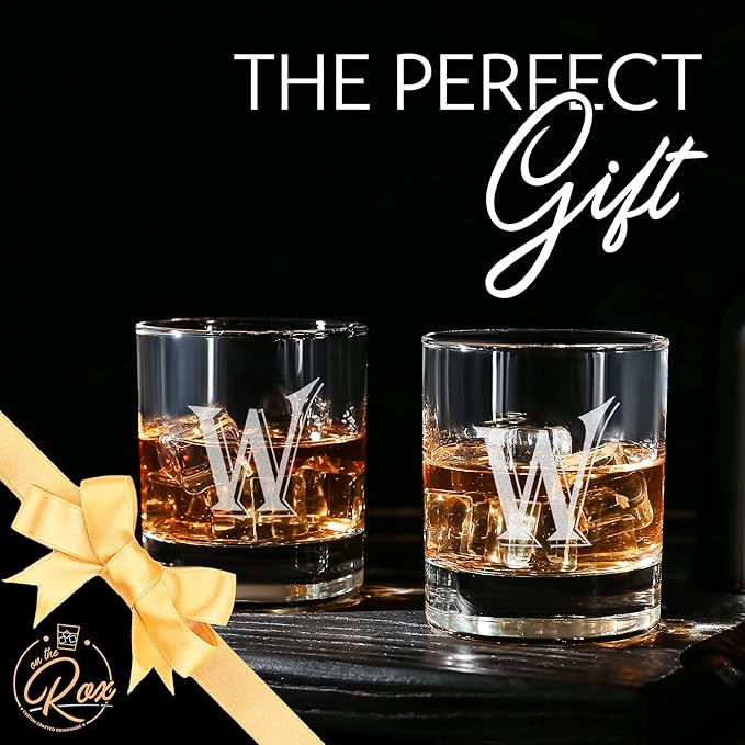 (W-Monogram)- 4 Piece Set of 11 Ounce Engraved Heavy Base Rocks Glasses- Quality Elegant Glass-Multi-Purpose Beverage-Rocks Glass- For any Occasion- By: On The Rox