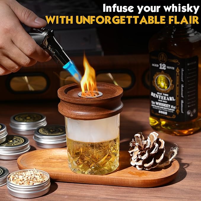 Whiskey Smoker Kit with Torch - 6 Natural Wood Chips, 2 Glasses, 2 Ice Ball Molds - Cocktail Smoker Infuser Kit, Old Fashioned Smoker Kit, Birthday Bourbon Whiskey Gifts for Men, Dad(No Butane)