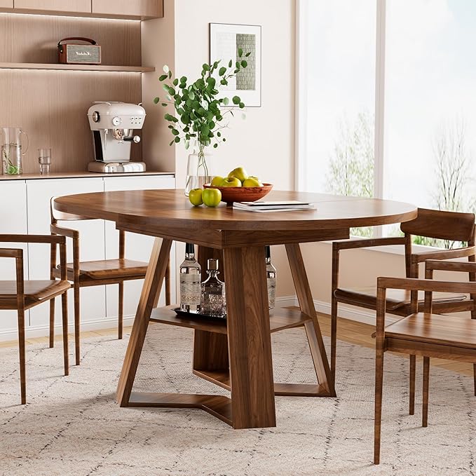 43.3in-59in Extendable Round Dining Table for 4-6,Modern Kitchen Oval Dining Table with Removable Leaves Space Saving,Wood Base with Storage Shelf for Kitchen Living Room