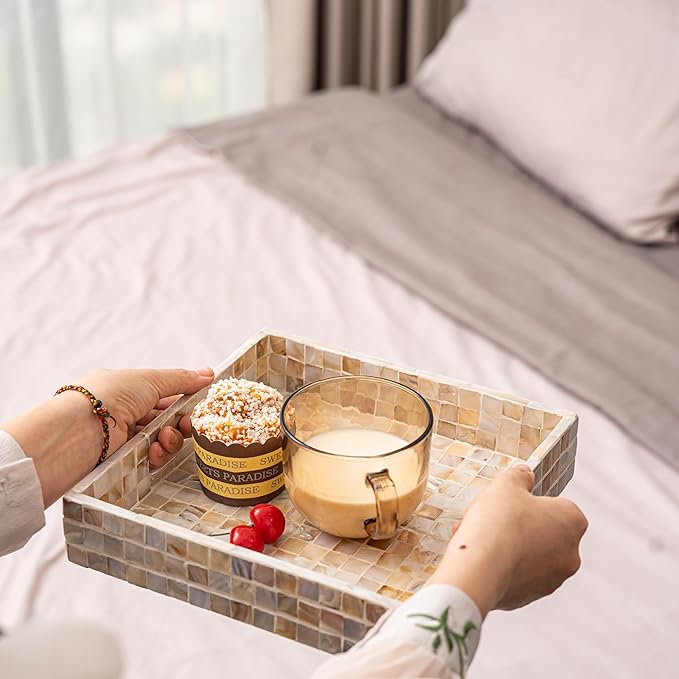 PEMAR 10" Mother of Pearl Catchall Tray for Coffee Table, Entryway, Nightstand. Square Serving Tray Wooden Luxury Decorative Handmade Eating Platters w Insert Handles (White Cream Squares Pattern)