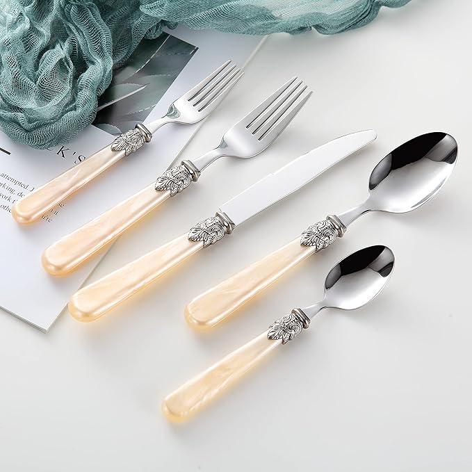 REVERIE Collection 18/10 Stainless Steel Vintage Flatware set,Sliverware set,Dishwasher safe (40, Champagne)