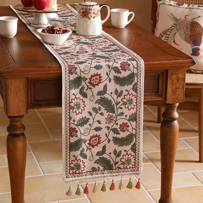 ISAENNE Designer Provence Elegant Linen Table Runner 71 Inches Long,Flower and Leaves Pattern Durable Table Runners for Dining Tables,Thanksgiving,Kitchen Tables,Christmas,12"*71"-Ratina