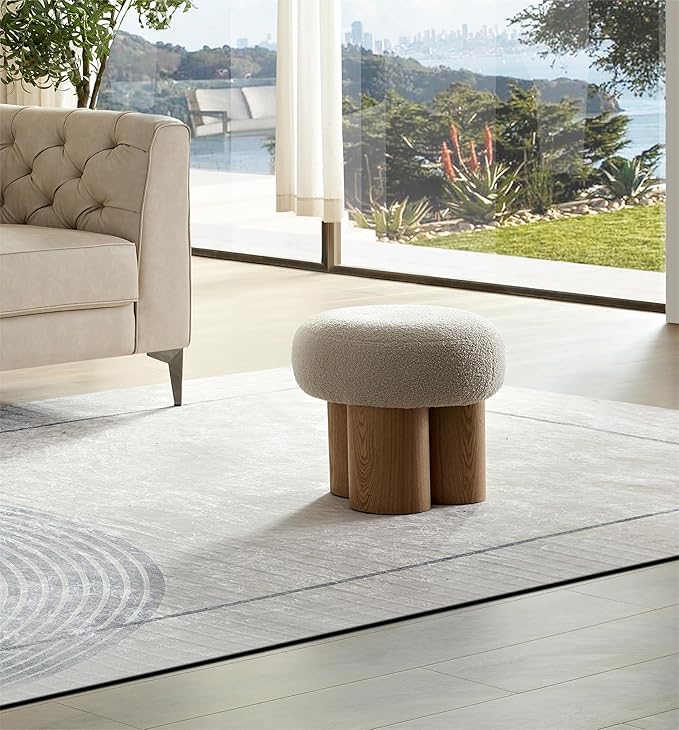Small Round Foot Stool, Teddy Fabric Ottoman with Non-Skid Legs, Modern Footrest for Under Desk, Sofa Couch, Shoe Changing Bench for Entryway, Living Room, Bedroom, Office (Beige)