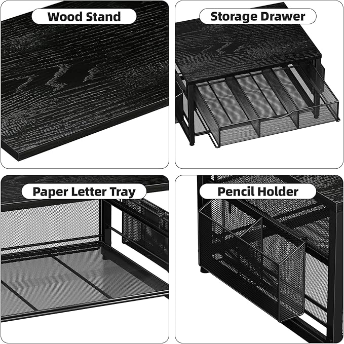 Marbrasse Wood Printer Stand for Desk, 2-Tier Desktop Printer Table for Home Office, Printer Stand with Storage Drawer 2 Pen Holders, Multi-Purpose Desk Organizer for Fax Machine Scanner (Wood Black)