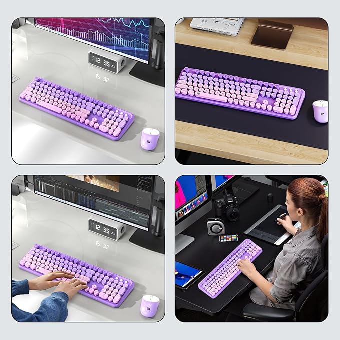 FD Wireless Keyboard and Mouse Combo - 2.4G Full-Sized Cute Colorful Mouse and Keyboard with 104 Round Keys Retro Typewriter Keyboards for Laptop/Windows/PC - Purple Gradient