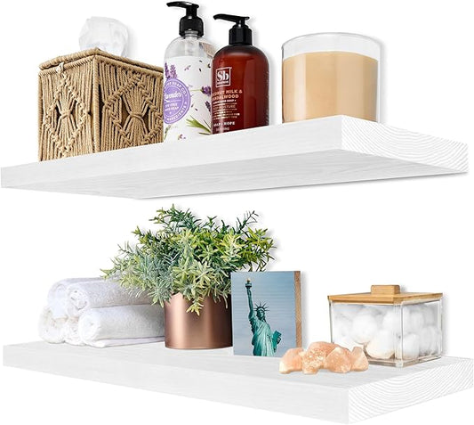 Sorbus Wood Floating Shelves for Wall - 24” Solid Wood Wall Shelves for Bathroom Decor, Books, Bedroom & Living Room - Set of 2 White Mounted Kitchen Shelves - Durable Solid Pine