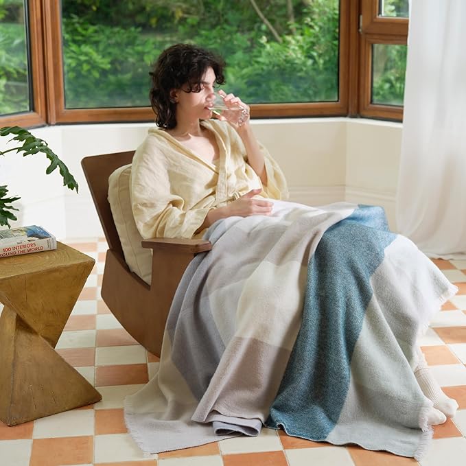 Double Stitch Alpaca Wool Throw Blanket - Warm, Soft Blanket for Couch, Luxury & Decorative Fleece Throw, Fall Plaid, Gift for Mother's Day, House Warming, 50" x 60", Sage Valley