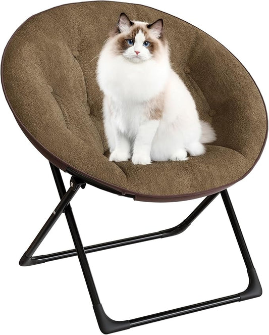 Saucer Chair with Faux Fur Cover, Large Foldable Moon Chair for Adults & Teens, Cozy Circle Accent Chair for Bedroom, Living Room, Dorm, Playroom, Soft Folding Gaming Chair for Small Spaces, Brown