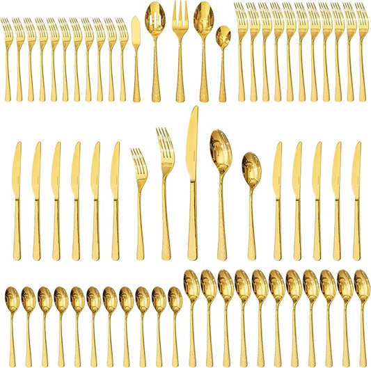 KINGSTONE Gold Hammered Silverware Set, Flatware Set with Serving Utensils, 18/10 Stainless Steel Premium Cutlery with Unique Ripple Handles Design Mirror Polished - Dishwasher Safe (65-Piece)