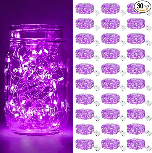 btfarm 30 Pack Fairy Lights Battery Operated [3 Modes], 7ft 20 Led Twinkle Lights String Lights Waterproof Bulk Small Mini Silver Wire for Halloween Mason Jars Vases Wedding Table Centerpiece, Purple