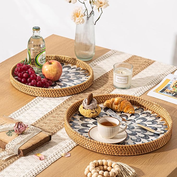 Round Rattan Tray Home Decor with Wood Bead Garland, 12'' Wicker Serving Tray with Mother of Pearl Inlay, Boho Decorative Tray for Coffee Table, Bathroom, Ottoman, Kitchen Table, Bathroom (Green)