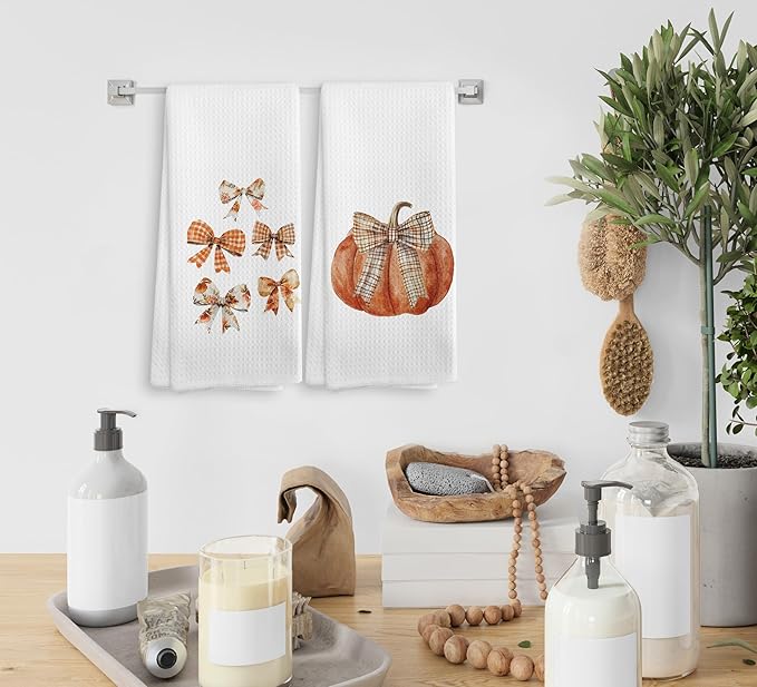 Fall Bow Kitchen Towels and Dishcloths Set of 2, Pumpkin Decor, Bathroom Hand Towels, Preppy Drying Cloth for Girls Dorm Kitchen, 1624Inch