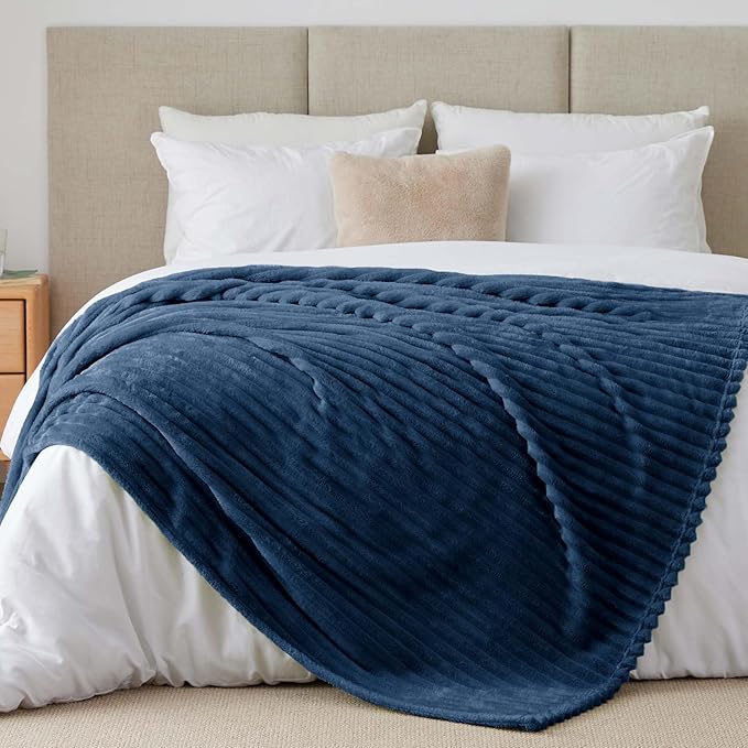 BEDELITE Full Size Blanket for Bed, 300GSM Soft & Warm Fleece Navy Blanket, Decorative and Giftable Striped Blankets for Women, Men, 84"x90"