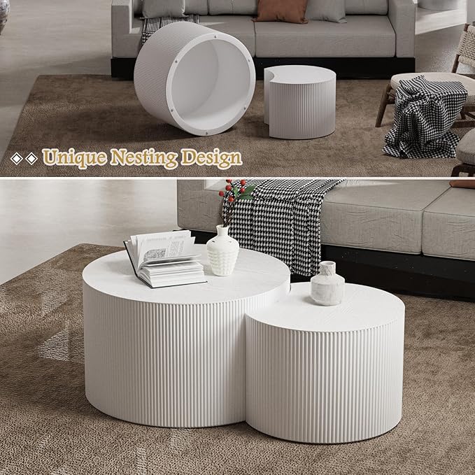 Round Coffee Table Set of 2 Modern Nesting Coffee Tables Wooden Drum Coffee Tables with Non-Slip Feet, Circle Nesting Tables End Table for Living Room Office, No Assembly (Cream 27.56"+19.69")