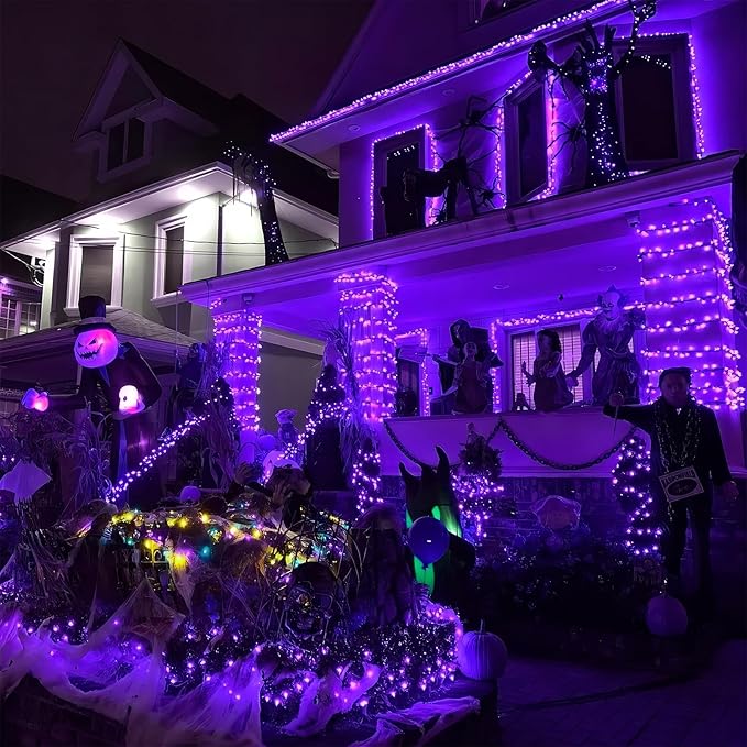 YEGUO 165ft 500 LED Halloween Lights Outdoor Waterproof, 8 Modes Purple String Lights Plug in, Green Wire Christmas Lights Indoor with Timer Memory