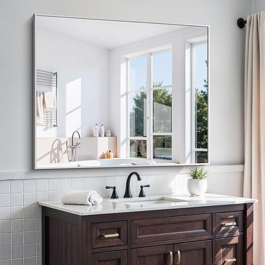 KOCUUY Silver Bathroom Mirror, 40"x48" Large Rectangular Mirror with Metal Frame, Brushed Nickel Vanity Mirror with Modern Design for Bathroom, Living Room, Entryway, Hang Horizontal/Vertical