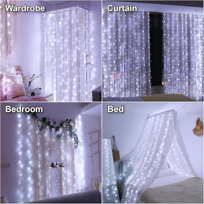 HXWEIYE 300LED Fairy Curtain Light (Upgrade Two Kinds of Light Clips) with Remote 8 Modes Times，9.8x9.8Ft White USB Plug-in Christmas Hanging String Light for Bedroom, Parties, Walls, Windows