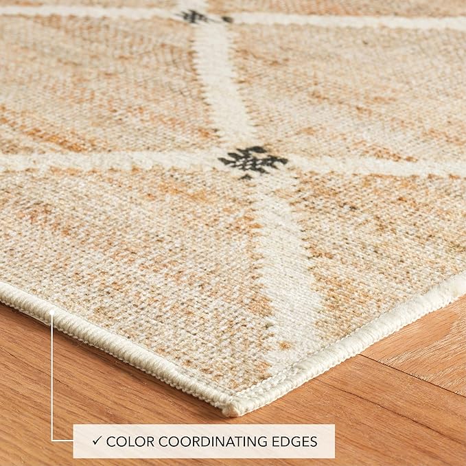 Dash and Albert Kali Machine Washable Area Rug - 6' x 9' Natural - Diamond Accent Rug - Anti-Slip Backing, Lightweight, Machine Washable, High Traffic Areas Kitchen, Mudroom, Laundry Room