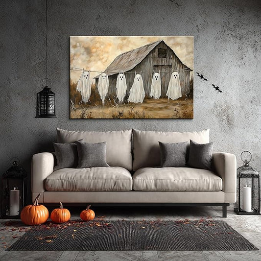 BANHUA1 Halloween Canvas Wall Art, Ghosts Laundry Vintage Style Picture Print, Dark Academia Wall Decor for Home, Living Room, Hallway, 30 x 20 Inch