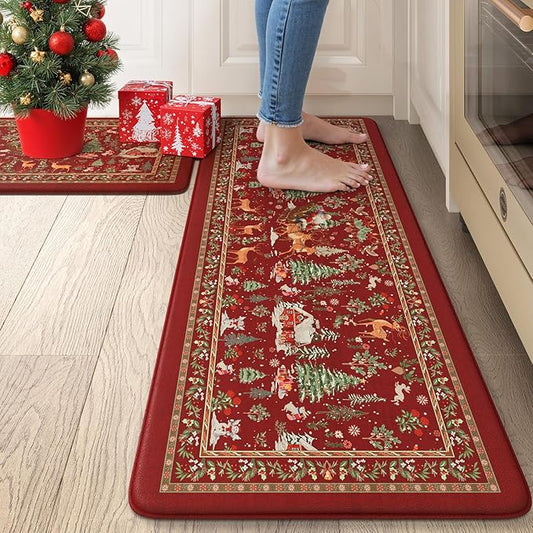 Collive Christmas Snowman Kitchen Floor Mats, Red Winter Xmas Tree Cushioned Anti Fatigue Kitchen Rugs 2 Piece Waterproof Elk Sled Sink Mat, Non Slip Foam Comfort Standing Desk Rug for Home Decor