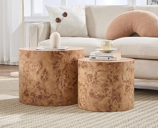 CIMOTA Round Wood Nesting Coffee Table Set of 2, Modern Circle Travertine End Side Table Sets for Living Room, Natural Burl Color/No Assembling