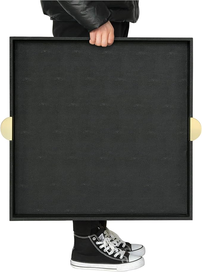 HofferRuffer Extra Large Square Serving Tray, Elegant Faux Leather Ottoman Tray with Gold Hardware Handles, Serve Tea, Coffee or Breakfast in Bed, 23.6 x 23.6 inches, Black Large Square