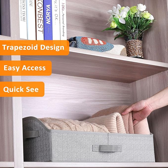 WUIKE Closet Organizers and Storage, Trapezoid Storage Bins, Fabric Closet Bins with Handles, Foldable Storage Baskets for Clothes, Purse, Blanket, Herringbone Gray, Extra Large, 3-Pack