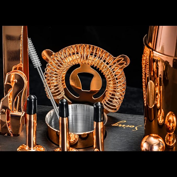 Soing 24-Piece Cocktail Shaker Set,Perfect Home Bartender Kit for Drink Mixing,Stainless Steel Bar Tools with Stand,Velvet Carry Bag & Recipes Cards Included (Rose copper)