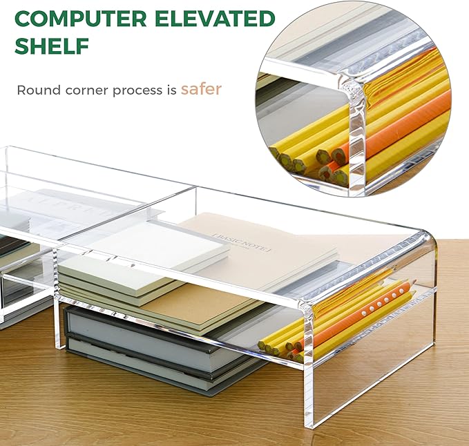 20" Crystal Clear Acrylic Monitor Stand Riser - Fits iMac/Printer/TV, Ergonomic 3" Elevation w/Sliding Drawer Storage, Sleek Desk Organizer for Home Office