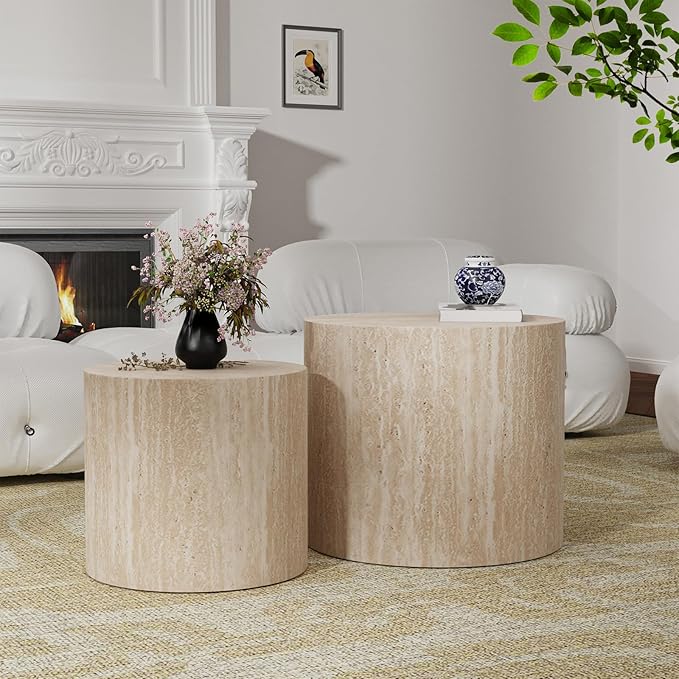 Nesting Coffee Tables Set of 2 Wooden Round Coffee Table Circle Nested Table Modern Coffee Table Round Accent Tables Set for Living Room Bedroom Office (Light Wood Color D18.1+D14.6“)