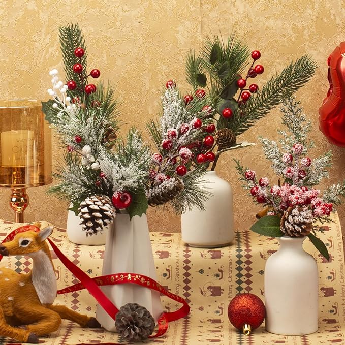 6 Kinds Artificial Christmas Tree Picks with Red Berry Pine Branches & Flower Pick - Perfect for Festive Season Decor & Wreaths to Brighten Your Holiday Spirit