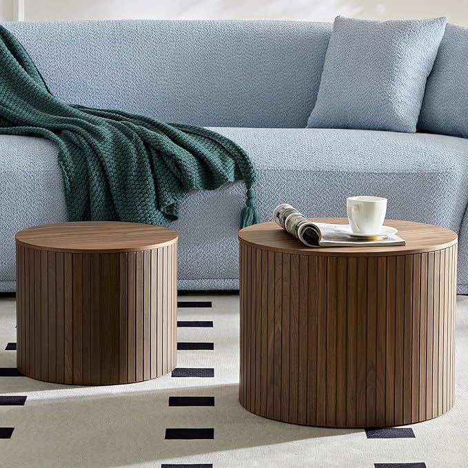 Nesting Coffee Tables Set of 2, Wooden Round Coffee Tables with Storage,Modern Circle Accent End Table Center Table for Small Spaces Living Room Bedroom Balcony Office Drum Side Table,Walnut