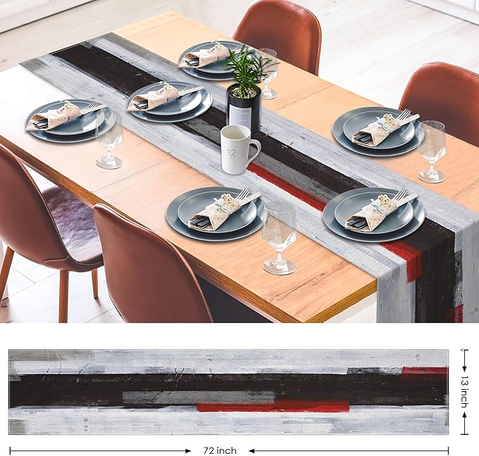 Emvency Black and White Table Runner, Modern Grey Red Art Painting for Kitchen Coffee Table Family Dinners Holiday Parties Wedding Events Decor(13x72 inch)