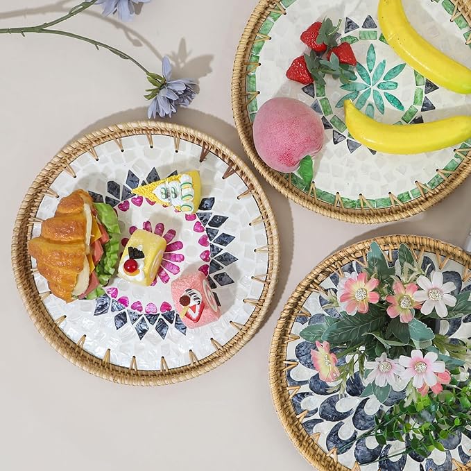 Round Rattan Serving Tray with Mother of Pearl Inlay & Coaster, Boho Wicker Basket, Decorative Coffee Table Tray for Table Decor, Storage and Display of Coffee Bread Fruit (Red Heart Shell)