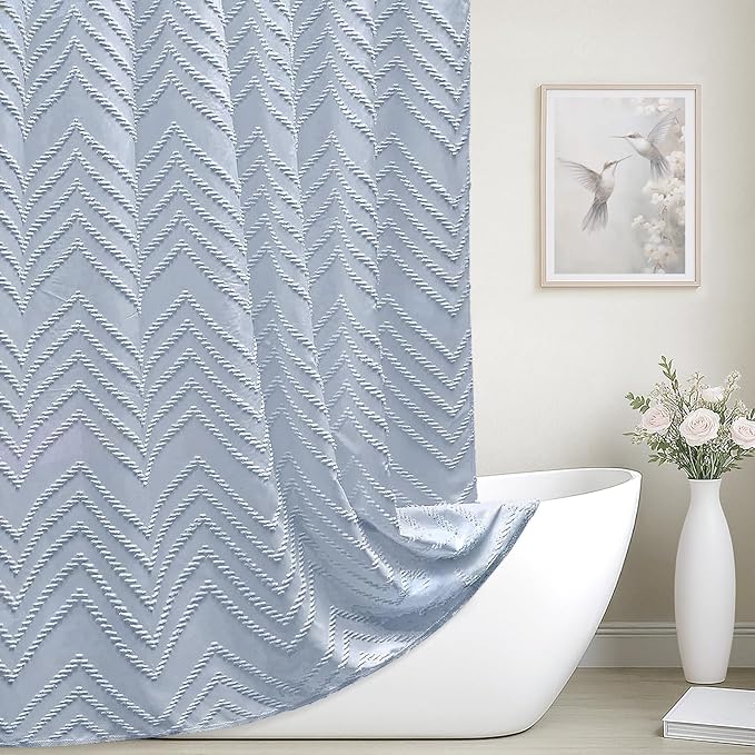 Light Blue Boho Fabric Shower Curtain Tufted Chevron Striped Textured Cloth Curtains for Bathroom, Fog Blue