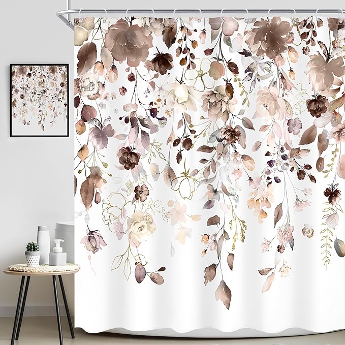 Brown Floral Shower Curtain 72Wx72L Inch Autumn Fall Flower Tan Watercolor Eucalyptus Leaf Pastel Bathroom Set Country Shabby Botanical Plant Bath Curtain Bathtub Accessories Home Decor