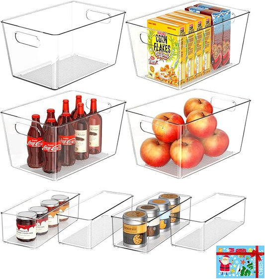 Set of 8 Clear Plastic Storage Bins, 4 Large +4 Small Pantry Organizers and Storage Containers for Kitchen, Garage, Freezer& Bathroom - Office Supplies Storage Bin for Drawer, Desk and Shelf