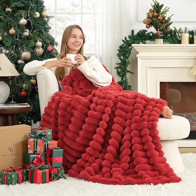 Cozy Bliss Faux Fur Throw Blanket for Couch, Cozy Warm Plush Striped Blanket for Sofa Bedroom Living Room, 60 * 80 Inches Cardinal Red