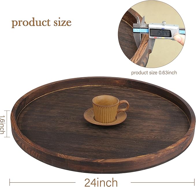 Extra Large Round Ottoman Table Tray Round-24 - Rustic Wooden Serving Tray for Farmhouse Decorative Oversized Coffee Table Trays Living Room Kitchen Counter Breakfast Brown