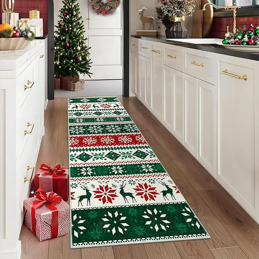 Hallway Runner Rug 2x6 Washable Christmas Runner Indoor Non-Slip Xmas Decorative Throw Floor Covers Boho Accent Festival Xmas Rug Farmhouse Rug Geometric Carpet for Living Room Bedroom, Green