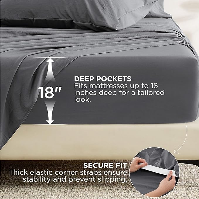 Bedsure Deep Pocket King Sheet Set - 6 Piece, Prewashed Ultra-Soft King Size Sheets Set, Fits Mattresses Up to 18 Inches Thick, Breathable & Secure Fit, Hotel Luxury Bedding, Grey